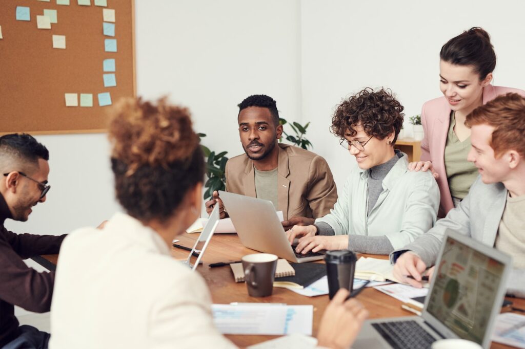 An office team meeting. 